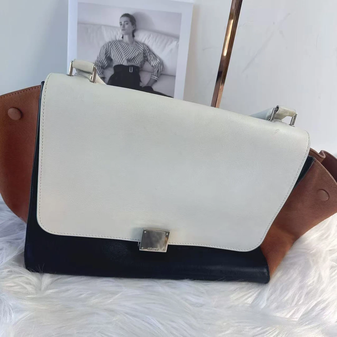95新 Celine/思琳 思琳 白咖黑三拼秋千包