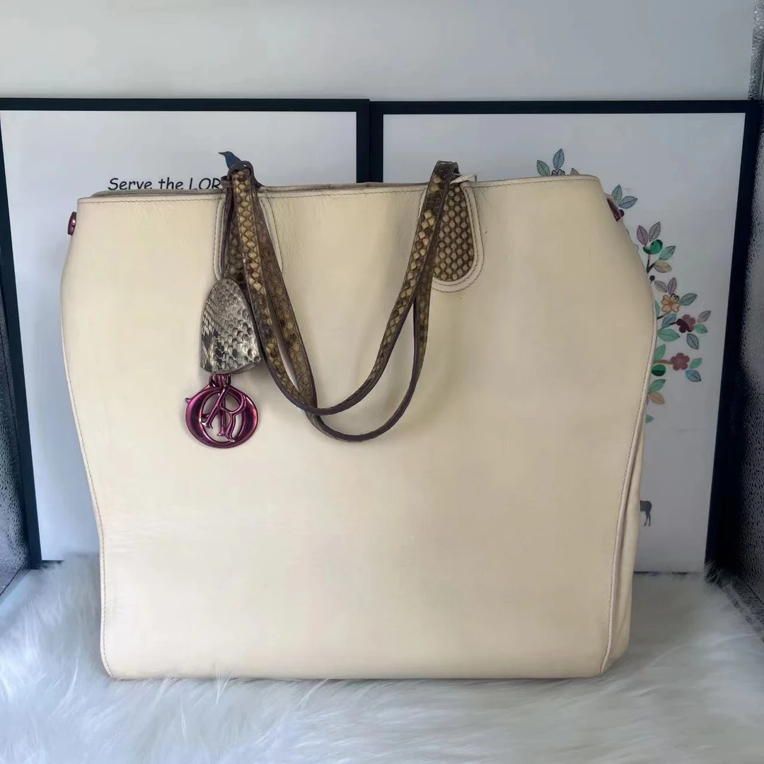95新 DIOR/迪奥 迪奥 时尚百搭蛇皮拼奶白色托特A0284-