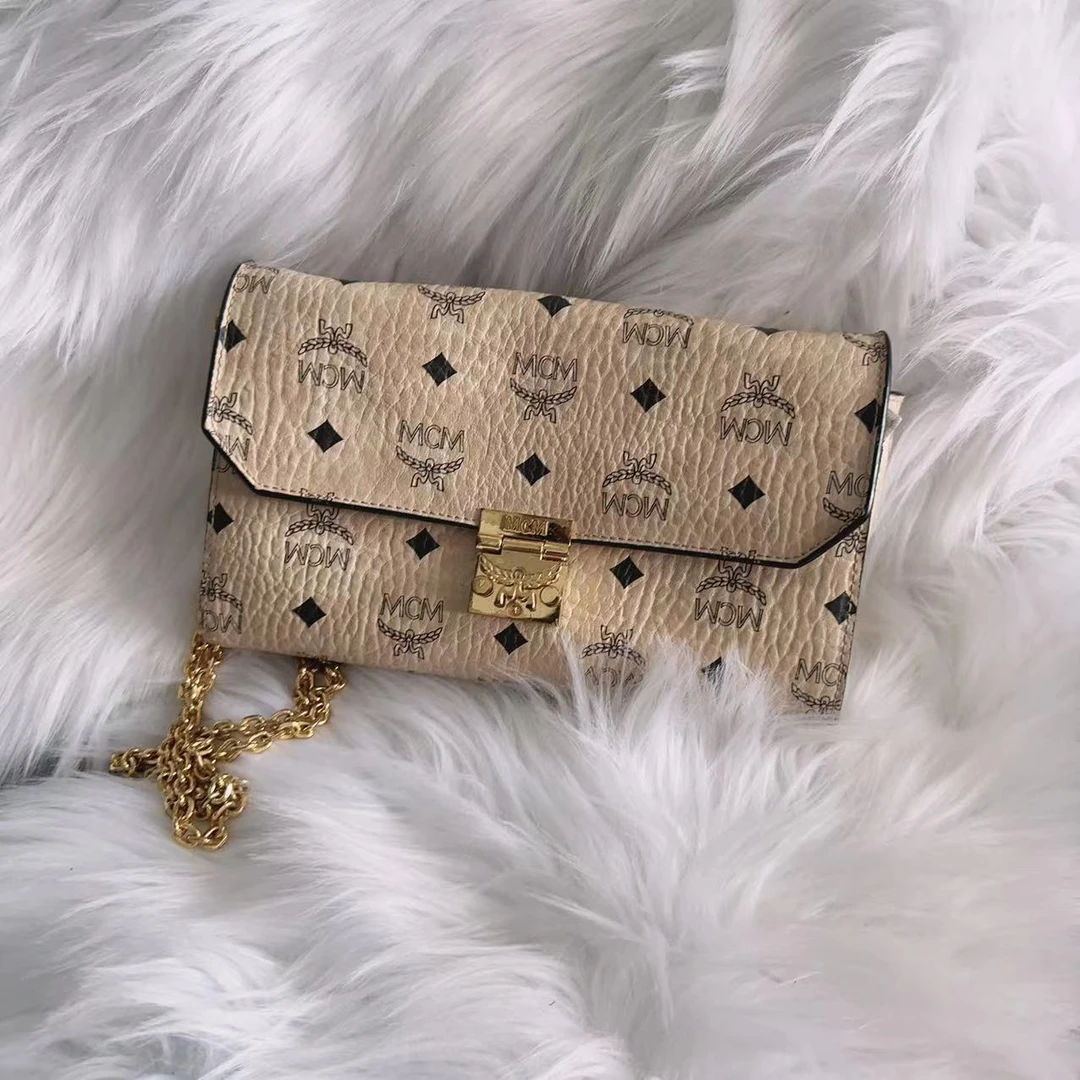 95新 MCM mcm 百搭款米色盒子单肩包