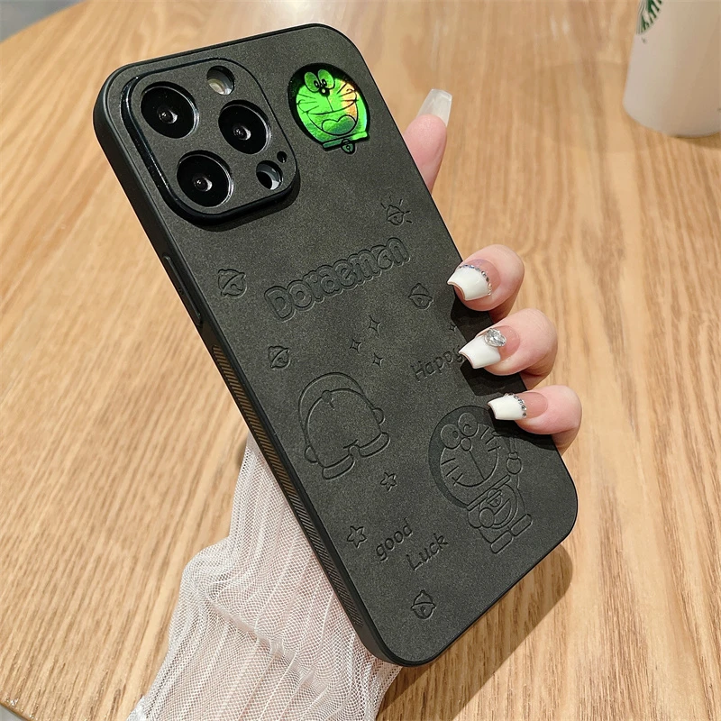创意哆啦A梦适用苹果12/14promax黑色磨砂手机壳X/XS情侣11全包13