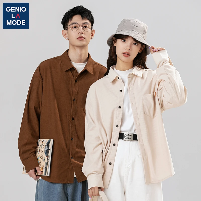 GENIOLAMODE古巴领衬衫男外套日系咖色灯芯绒长袖春秋款