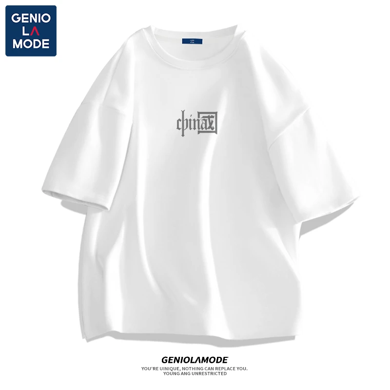 GENIOLAMODE夏季短袖男士宽松潮流中国印简约百搭青少年纯棉T恤潮