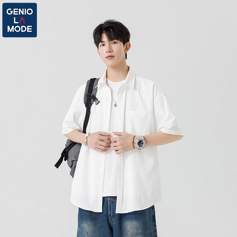 GENIOLAMODE重磅短袖衬衫男夏季新款百搭翻领口袋休闲白色衬衣男