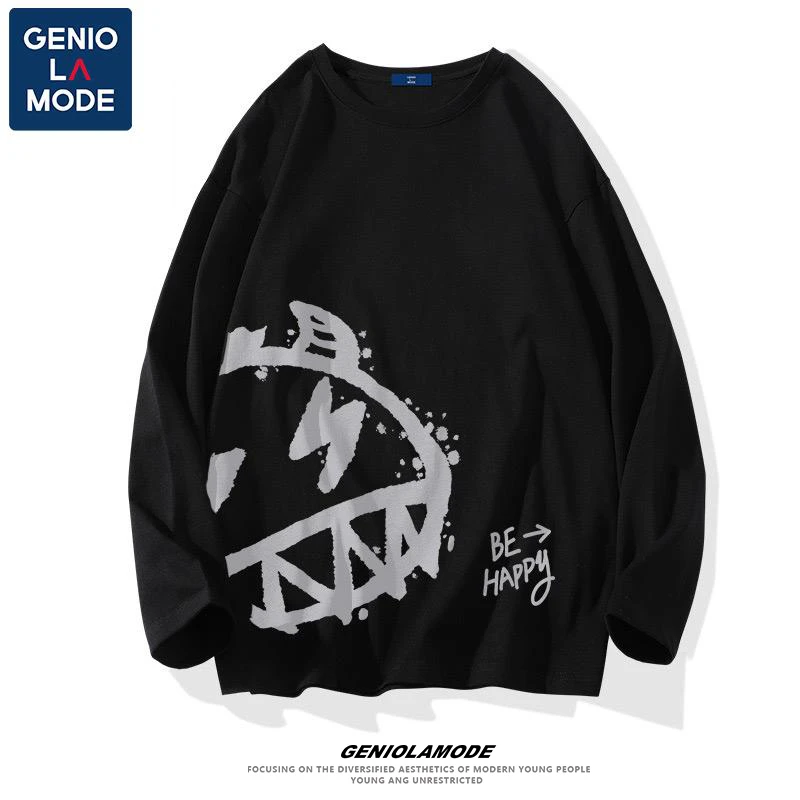 GENIOLAMODE长袖t恤男春秋外穿纯棉恶魔涂鸦百搭圆领打底衫男士潮