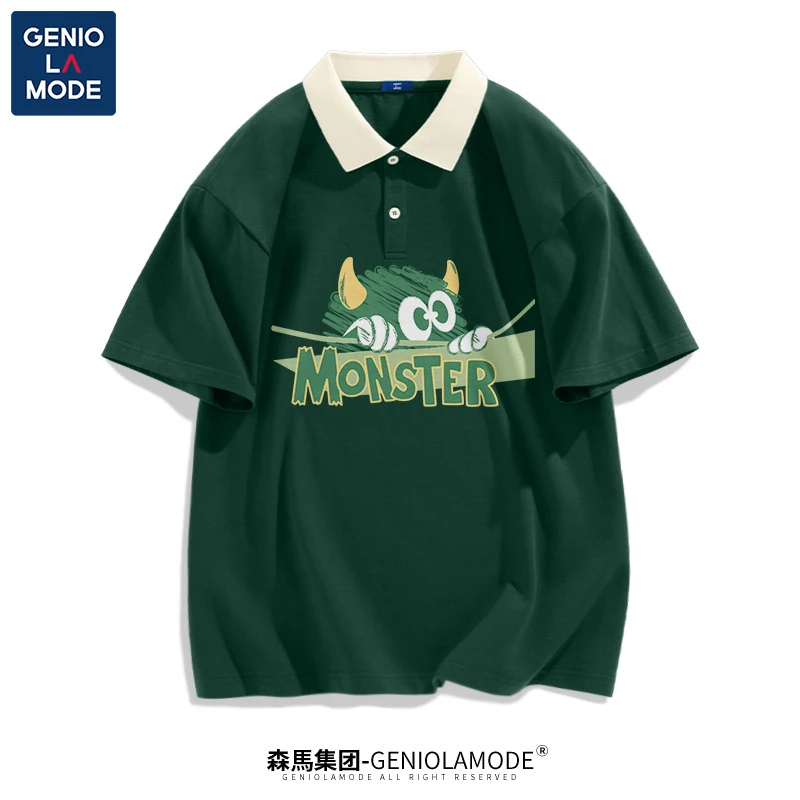 GENIOLAMODE绿色衬衫领t恤男夏季纯棉POLO衫百搭情侣韩版翻领短袖