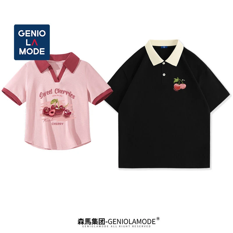 GENIOLAMODE情侣款polo衫短袖男女夏季ins潮流v领短款t恤