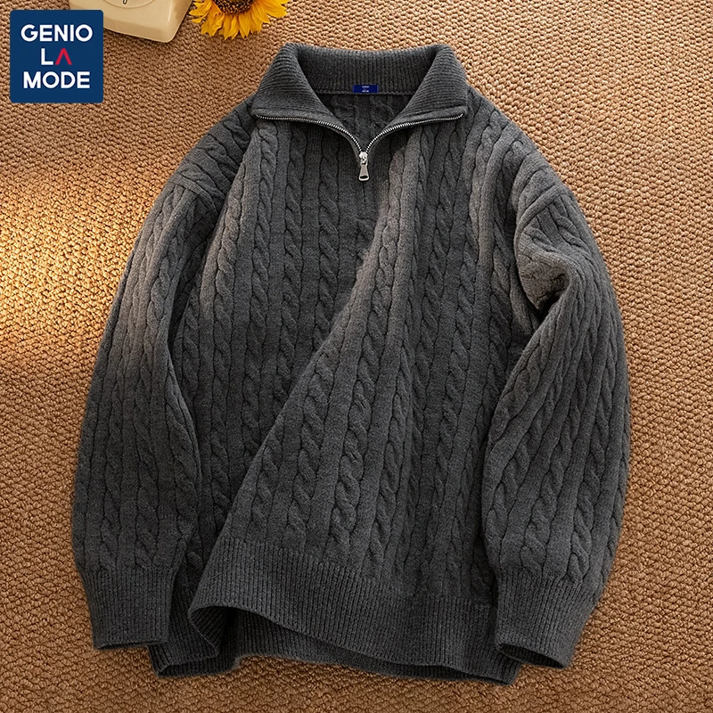 GENIOLAMODE粗线针织衫男秋冬款绞花挺括不起球男士半拉链毛线衣