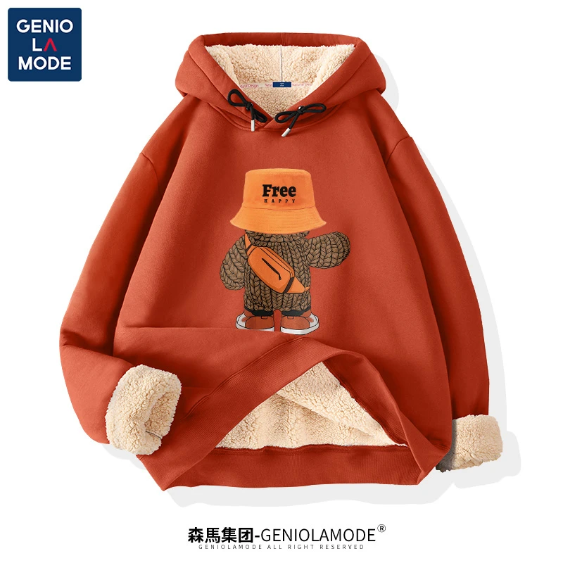 森马集团GENIOLAMODE小熊卫衣男连帽加绒超厚羊羔绒男生冬季外套