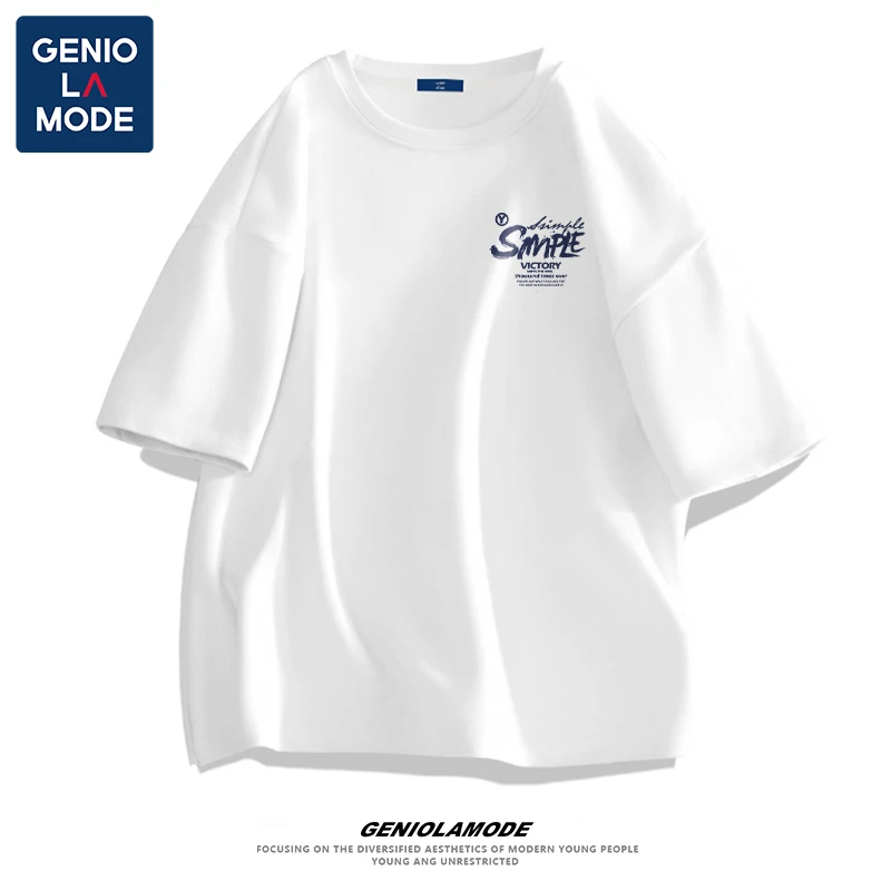 GENIOLAMODE圆领t恤男夏季纯棉上衣潮流潮牌男生大码宽松短袖男士