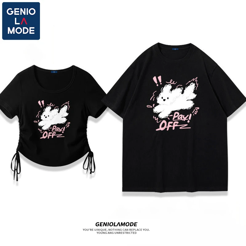 GENIOLAMODE短袖t恤男夏季夏天一长一短情侣装潮设计感上衣女