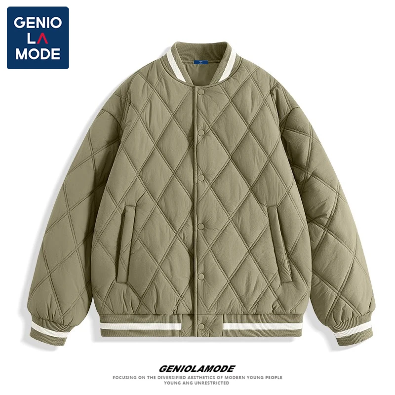 GENIOLAMODE棒球领棉服男冬季新款潮牌菱格保暖加厚棉袄情侣外套