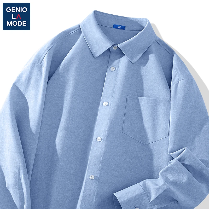 GENIOLAMODE青少年休闲衬衣男秋季通勤长袖衬衫大码宽松翻领上衣