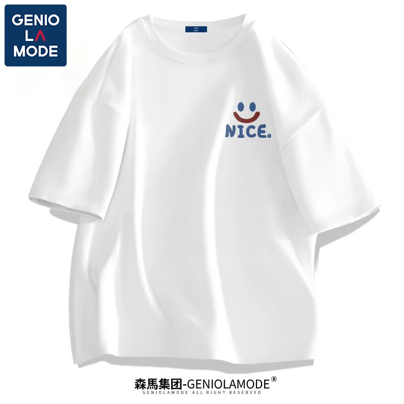 GENIOALMDE白色短袖t恤男2025新款潮流笑脸情侣半袖体恤纯棉上衣