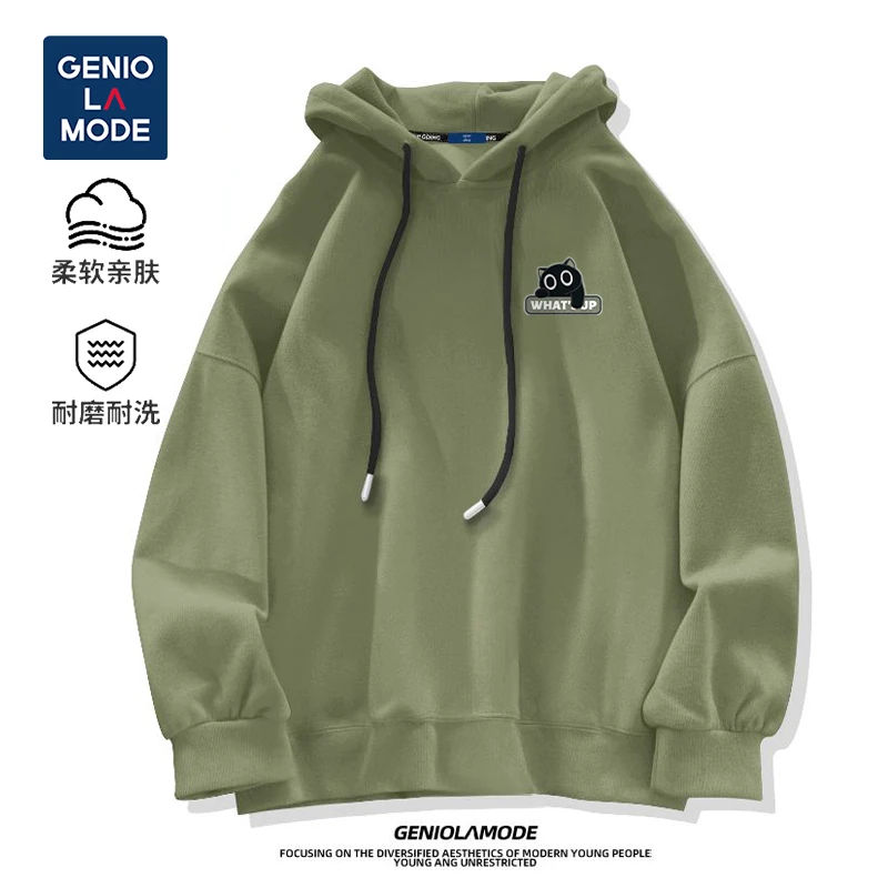 GENIOLAMODE秋季新款棕榈绿卫衣男潮牌潮流男士连帽正肩长袖上衣
