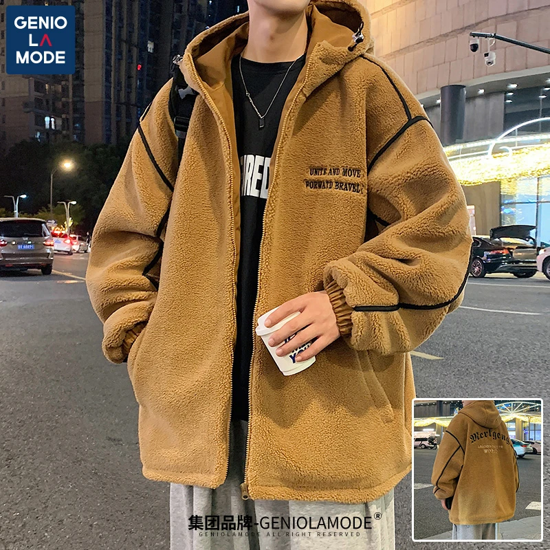 GENIOLAMODE羊羔绒棉衣男士冬季新款加绒加美式厚保暖学生棉服潮