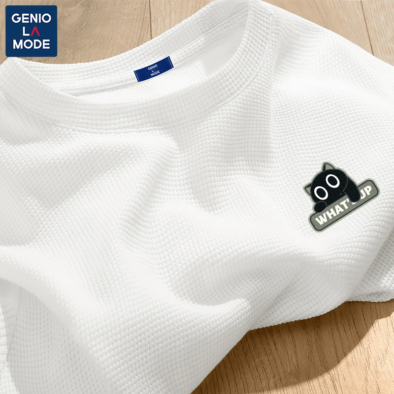 GENIOLAMODE华夫格长袖t恤男2025年春季新款宽松休闲百搭打底衫潮