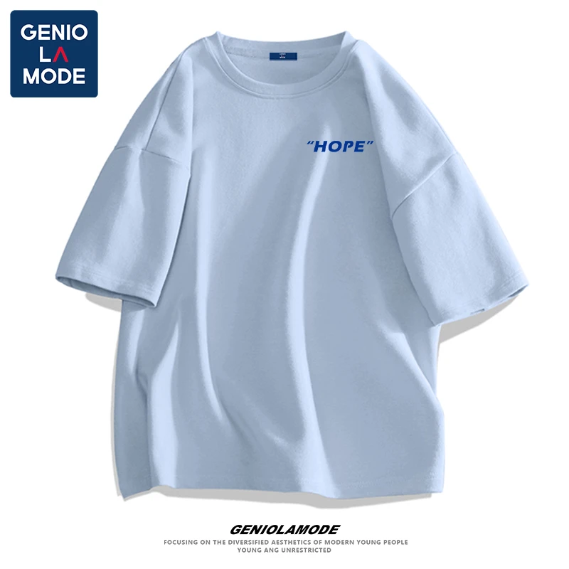GENIOLAMODE男生青少年t恤男蓝色潮牌纯棉夏季宽松大码男士短袖