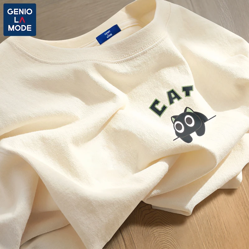 GENIOLAMODE短袖男夏季新款青少年百搭上衣学生日系潮牌猫咪t恤
