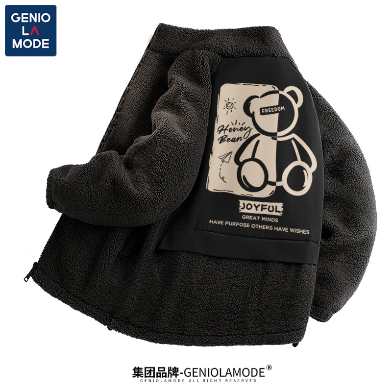 GENIOLAMODE加绒外套男秋冬季潮牌小熊保暖青少年羊羔绒加厚夹克