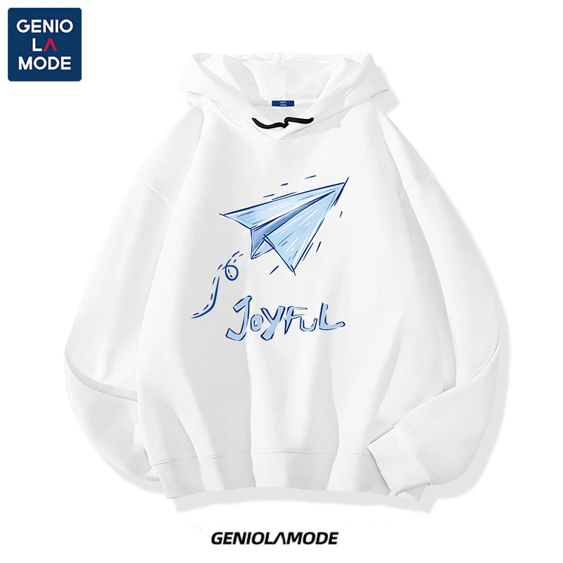 GENIOLAMODE连帽卫衣男春秋款日系长袖白色宽松高中生套头外套潮
