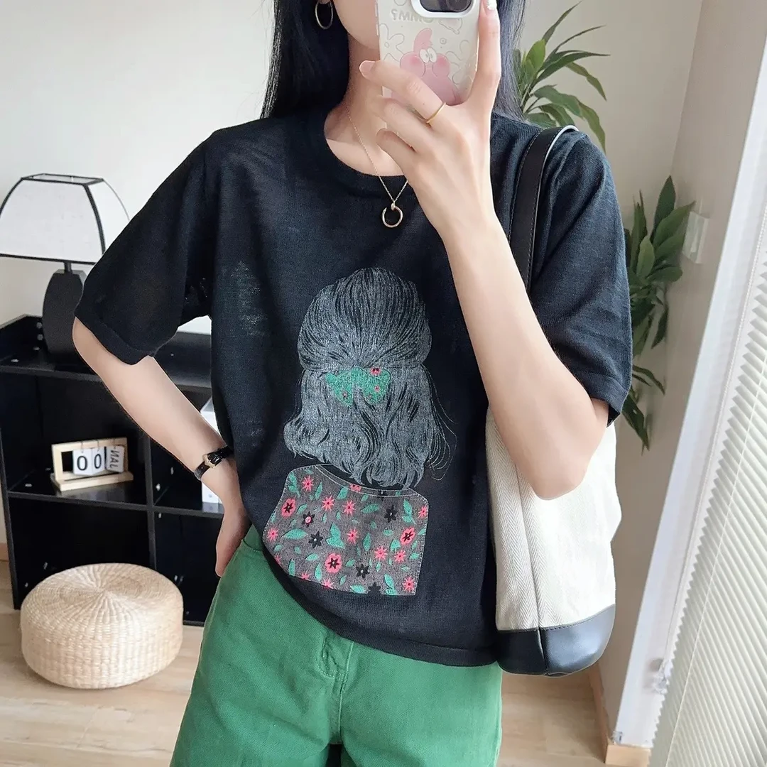 226【小姑娘】黑e短袖针织衫夏季新款