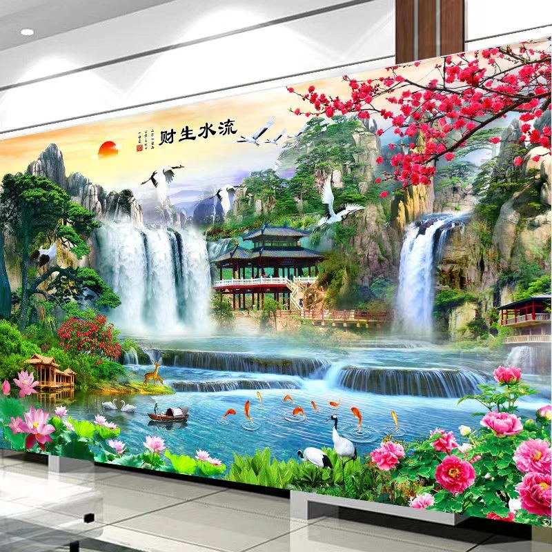 【真彩】大格流水生财八方聚财十字绣65色满绣有勾边236X105cm