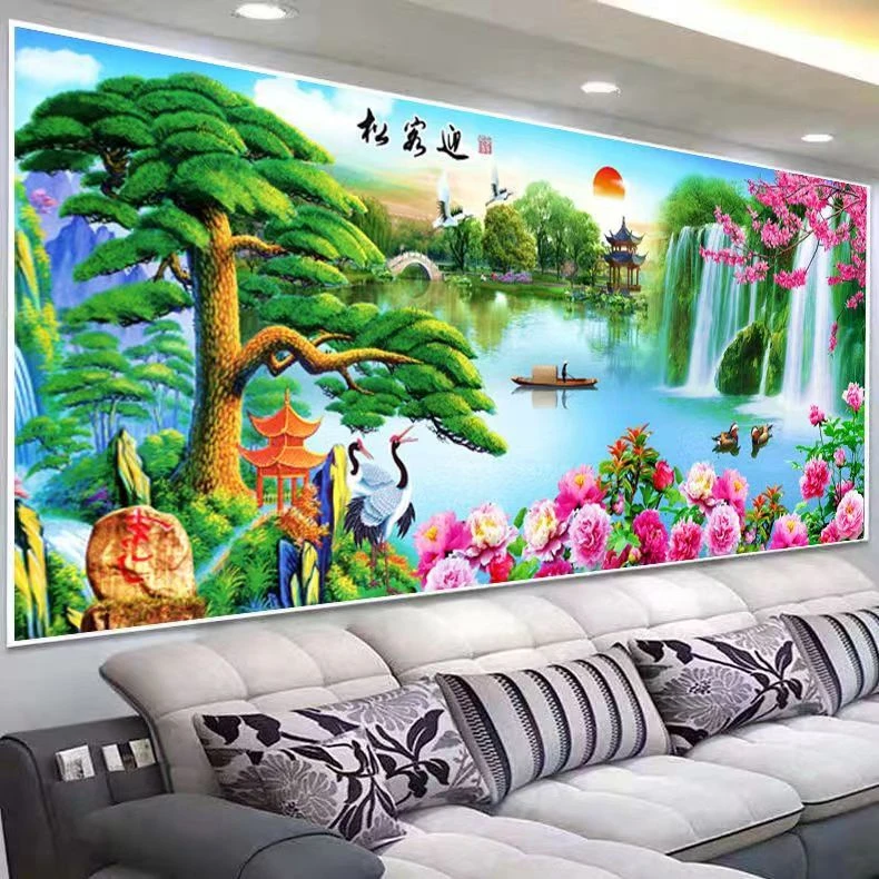 【真彩】大格客厅画迎客松十字绣60色满绣无勾边235X100cm