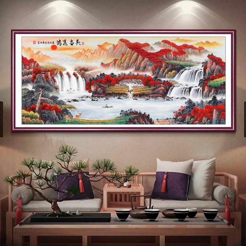 【真彩】大格流水生财风水宝地十字绣48色满绣无勾边235X105cm