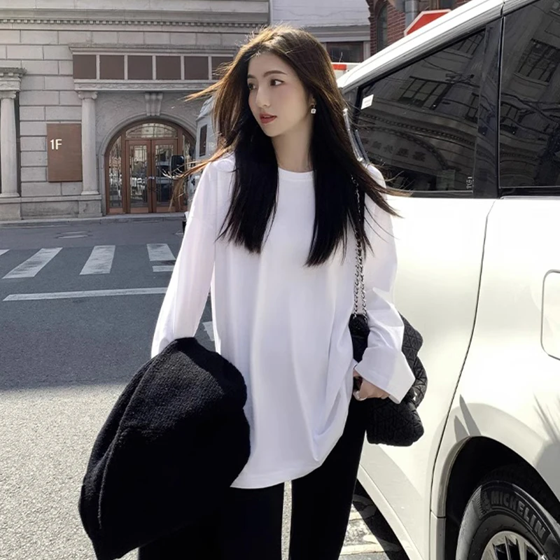 慵懒风宽松长袖t恤女韩版白色中长款打底衫秋冬单穿叠穿纯色上衣