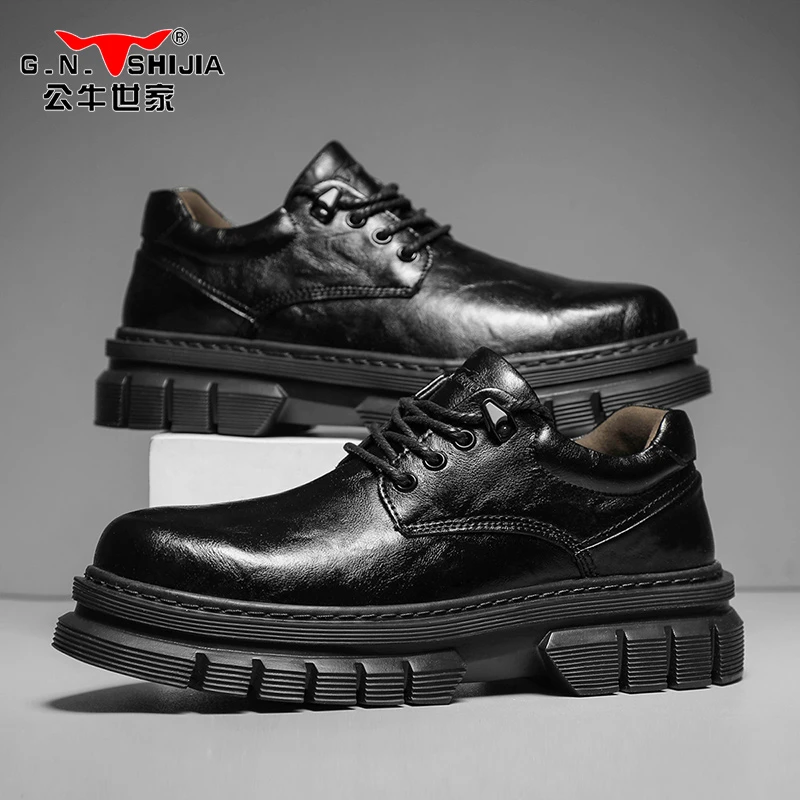公牛世家皮鞋男士春季厚底工装大头男鞋低帮英伦休闲商务德比鞋男