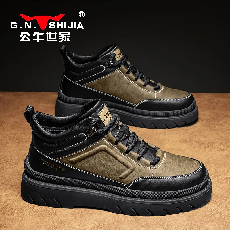 公牛世家男鞋秋冬厚底耐磨高帮板鞋复古工装风马丁靴英伦皮鞋男士