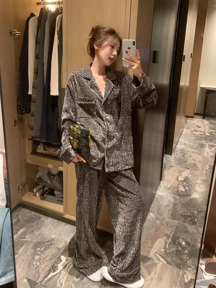 法式豹纹法兰绒睡衣女款2025春秋新款复古轻奢气质加厚家居服套装
