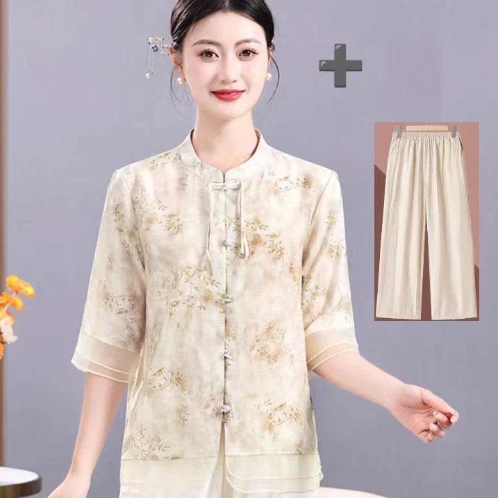 4609夏季中袖衬衫新款洋气中年妈妈装小衫新中式国风短袖两件套
