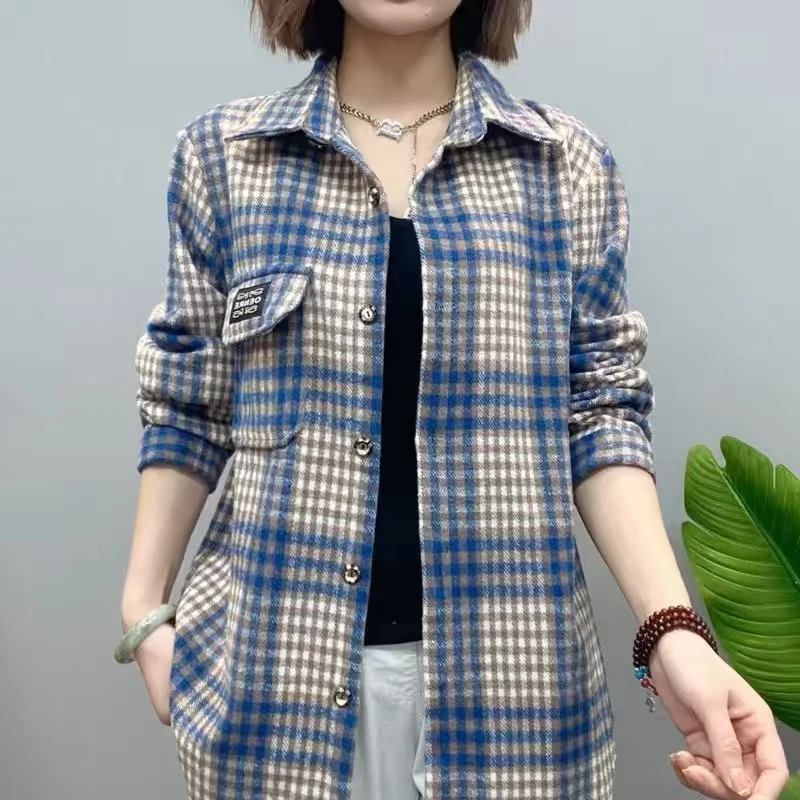 7182-2024新款春秋季毛呢格子衬衫加厚衬衣宽松外套妈妈装