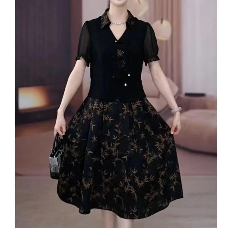 【阿芝专属】4746夏季翻领复古假两件显瘦连衣裙女装黑色过膝裙子