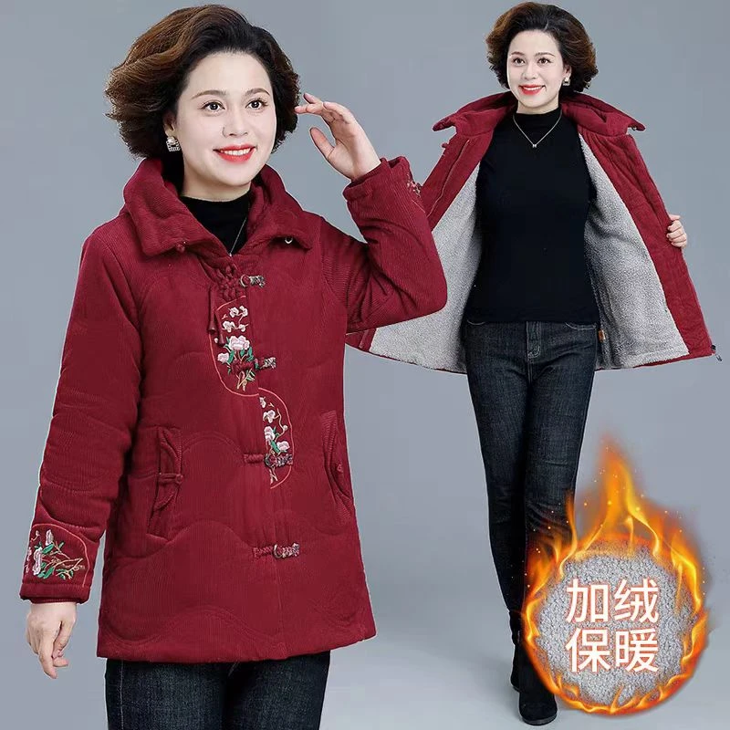 7544 国风冬装加绒棉衣加厚外套中年妈妈秋冬灯芯绒棉袄  四号仓
