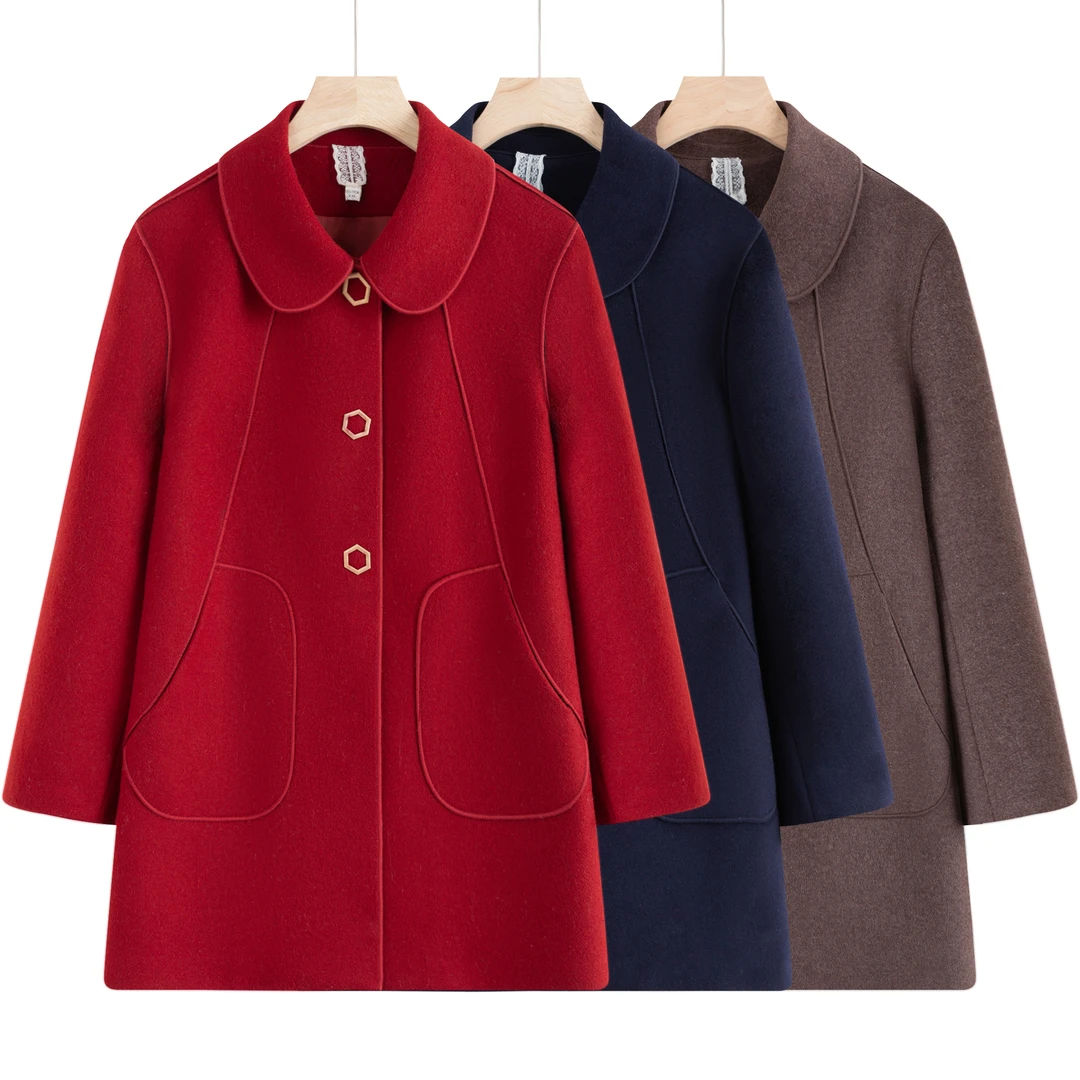 7342 高贵妈妈秋装双面毛呢外套中长款上衣中老年毛呢大衣（4号仓）