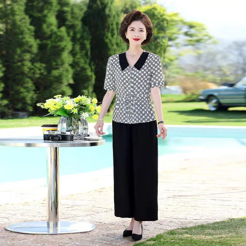 4637妈妈夏装时尚套装中老年夏季短袖小衫中年人老仓一楼