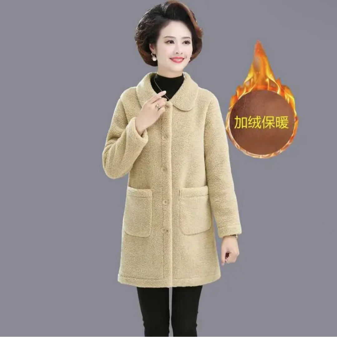 7363-中年外套女中长款冬季新款大码加绒加厚颗粒毛绒大衣