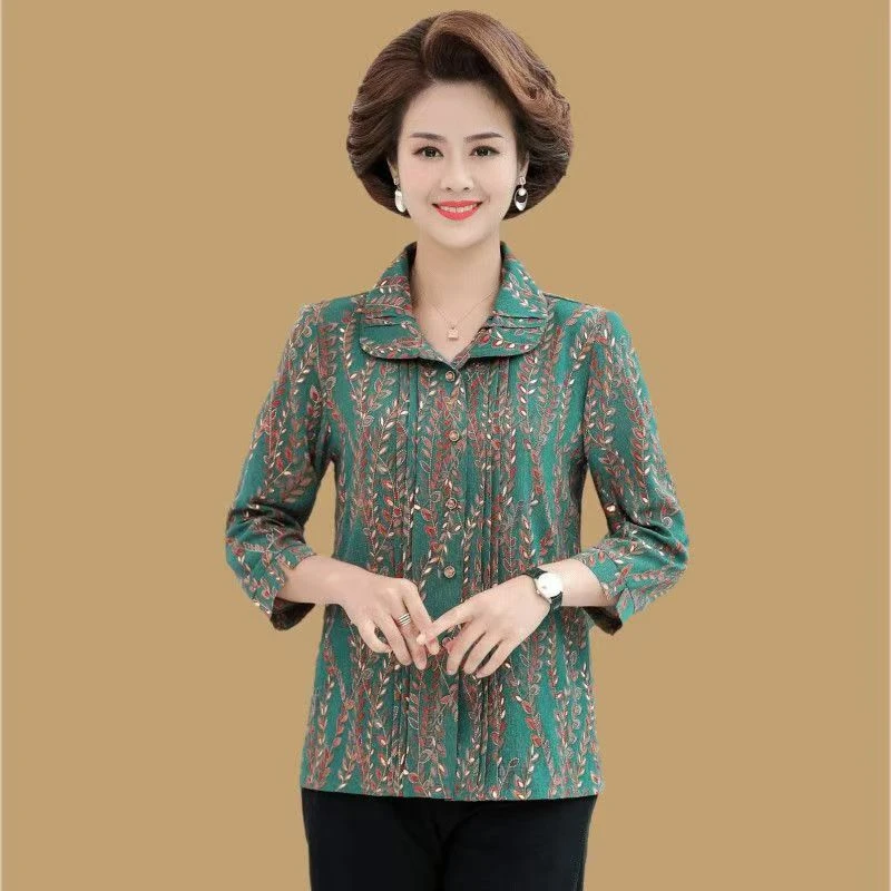 4825中老年夏季中袖翻领衬衫妈妈装休闲印花妈妈装上衣（5F东）