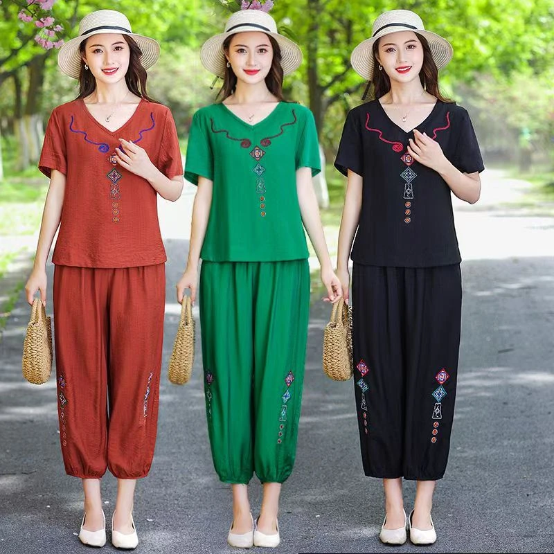 4851夏季短袖妈妈装套装中年宽松刺绣上衣裤子一套（大仓）