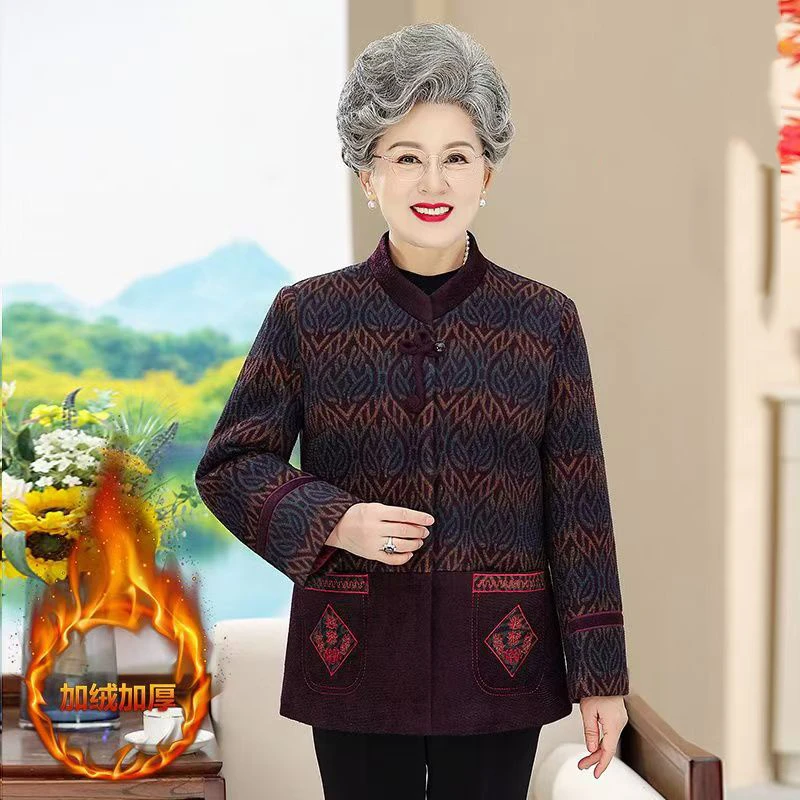 7404-中老年秋冬奶奶装呢子妈妈装加绒外套老太太上衣