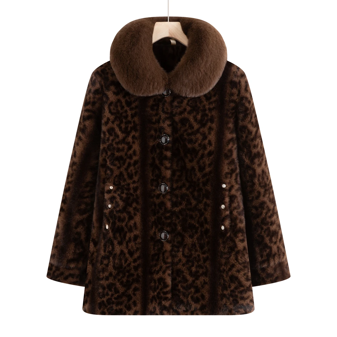 7627 妈妈冬装豹纹外套大衣加绒加厚洋气中老年女装上衣 (正）