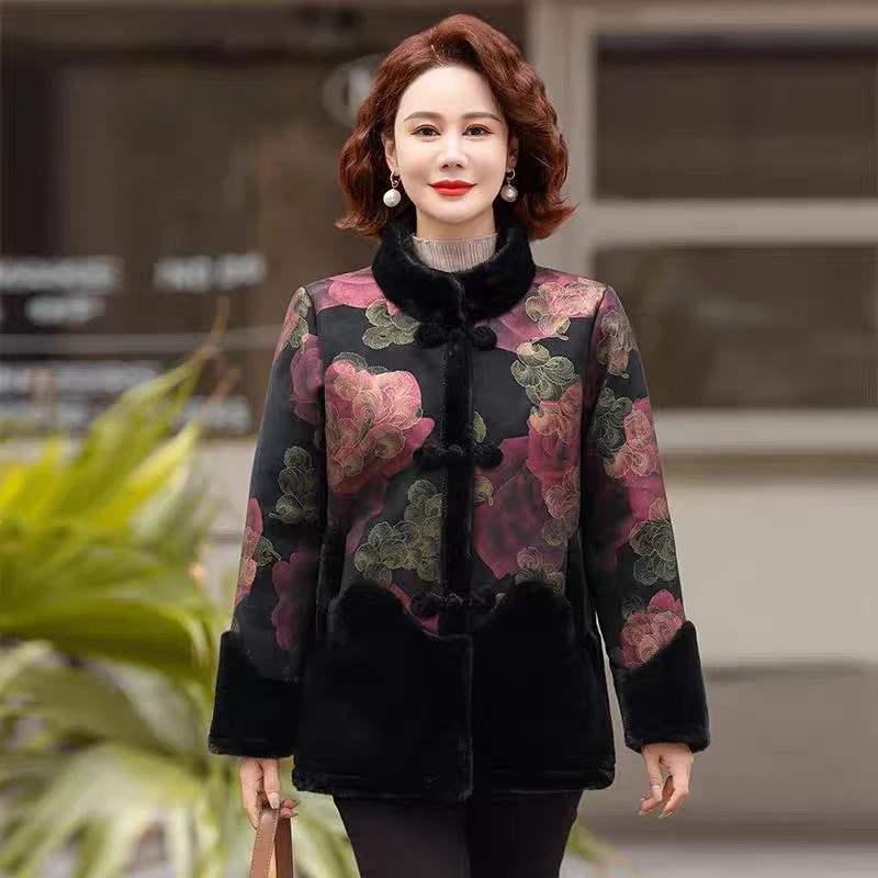 7545 新中式妈妈冬装外套立领中老年女装棉衣加绒防寒上衣 龙资源