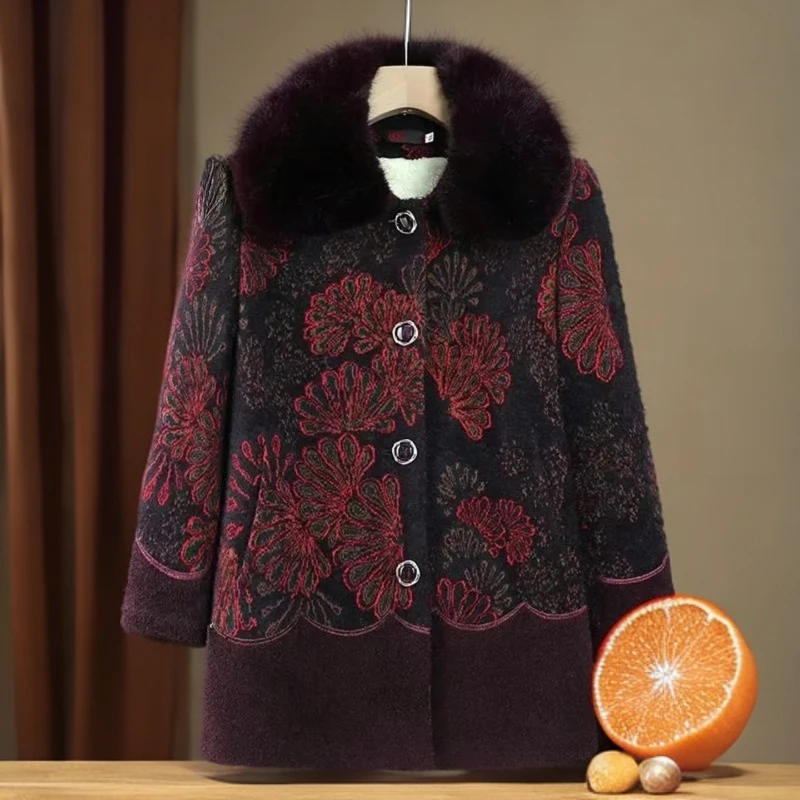 7388 中老年加绒加厚毛呢女妈妈秋冬奶奶装上衣 地库