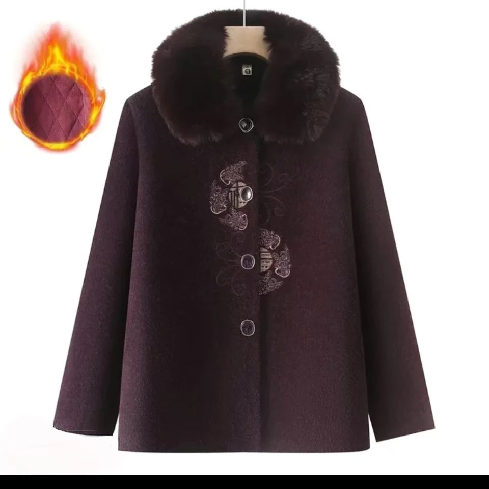 7385 中老年秋冬唐装毛呢外套奶奶装冬季加绒保暖衣服毛领