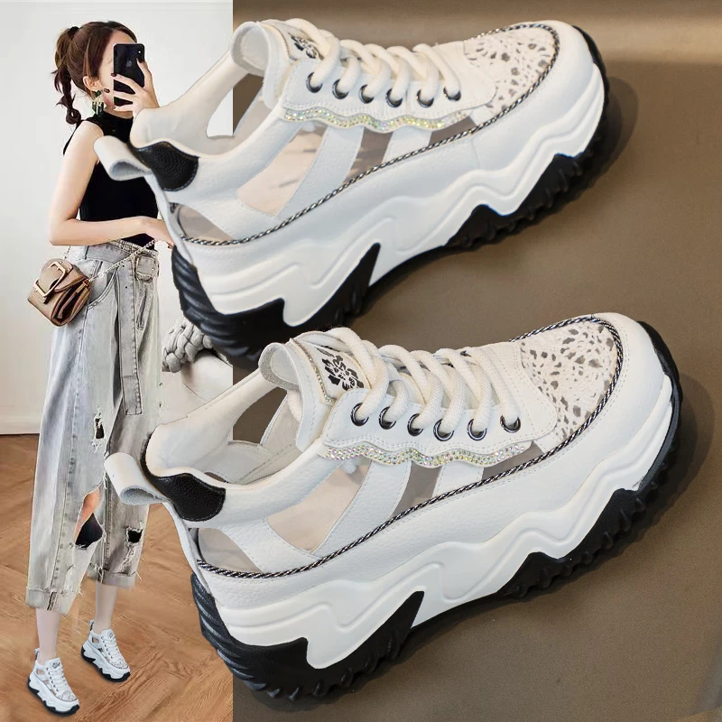 老爹鞋女2024夏季新款厚底内增高女鞋运动休闲鞋百搭镂空透气凉鞋