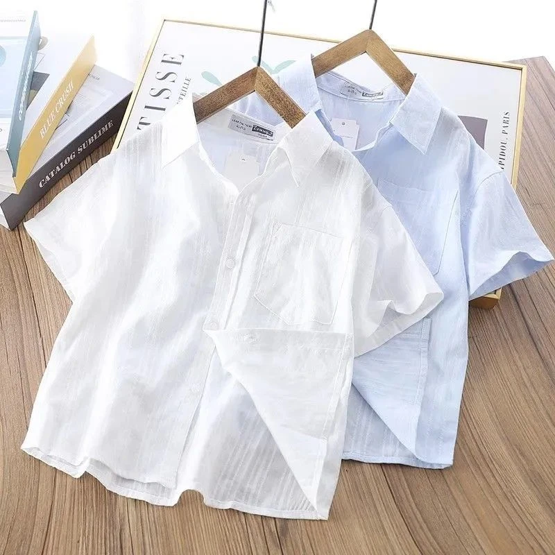 儿童衬衫休闲纯色短袖男童夏季薄款白色衬衣中大童百搭衬衫男童潮