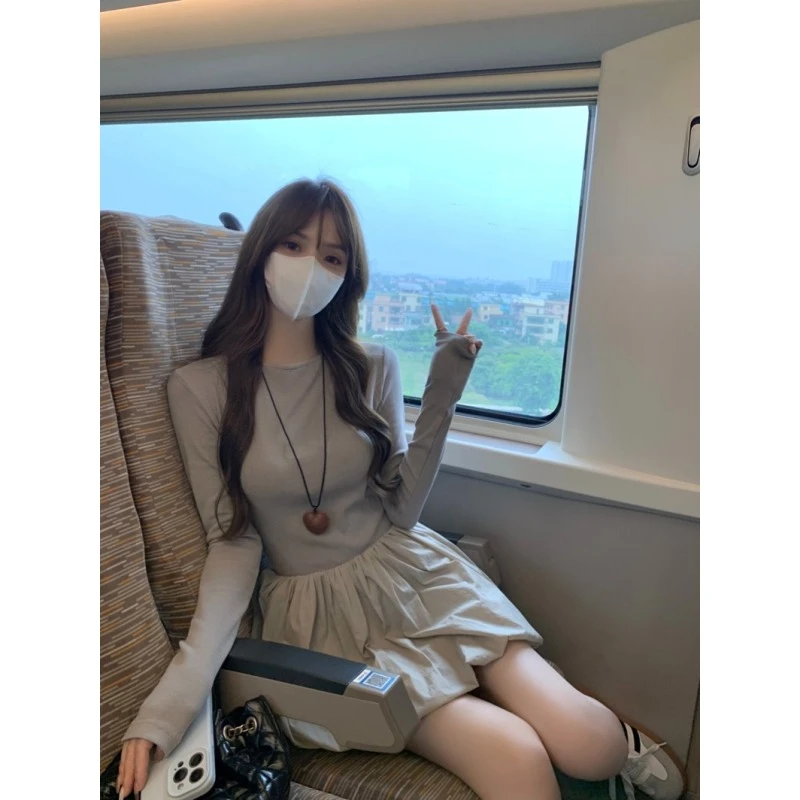 （001-200）美式辣妹设计感秋冬季长袖百搭上衣修身显瘦气质T恤ins