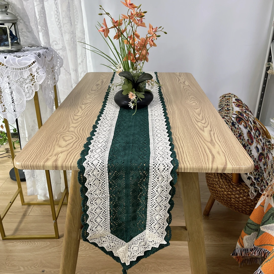 DY082-2棉质（25*190cm长）墨绿色米色花边老棉线经典桌旗